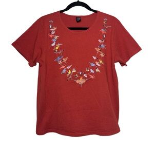 Sabaku artwear Red Tee Colorful Bird "necklace" graphic design Woman's Medium